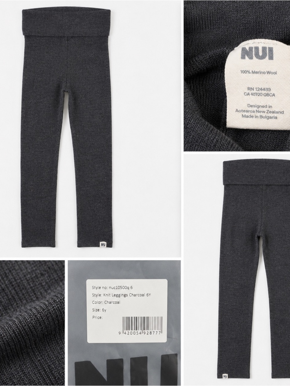 NWT NUI Organics Knit Leggings Charcoal 6Y Merino Wool